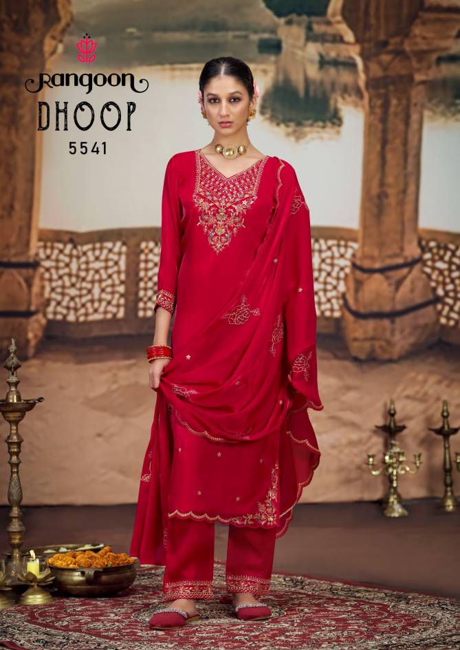 Dhoop By Rangoon Satin Crape Embroidery Kurti With Bottom Dupatta Wholesale Shop In Surat